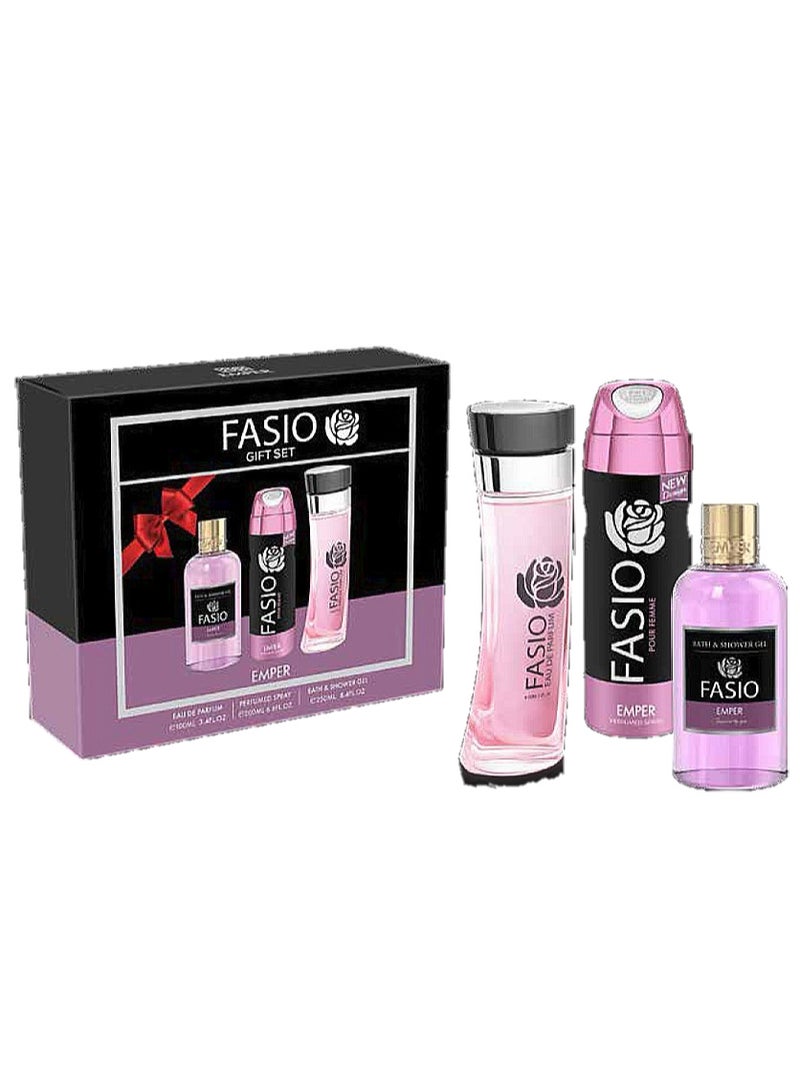 طقم فاسيو يتكون من عطر 100 مل وبخاخ للجسم 200 مل وجل استحمام 250 مل