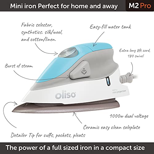 oliso M2Pro Mini Steam Iron with Solemate® – 1000 Watt Dual Voltage Travel Iron for Sewing, Quilting, and Crafting – Ceramic Soleplate, Precision Tip – Turquoise - Image 2
