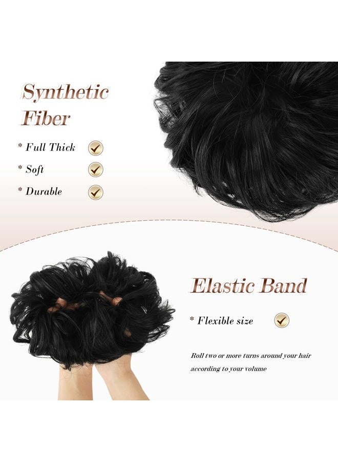 FESHFEN قطعة شعر كعكة فوضوية - كعكة شعر كبيرة مموجة ومجعدة مع رباط مطاطي، إكسسوارات ذيل حصان صناعية للنساء، أسود داكن 1.94 أونصة - Image 4