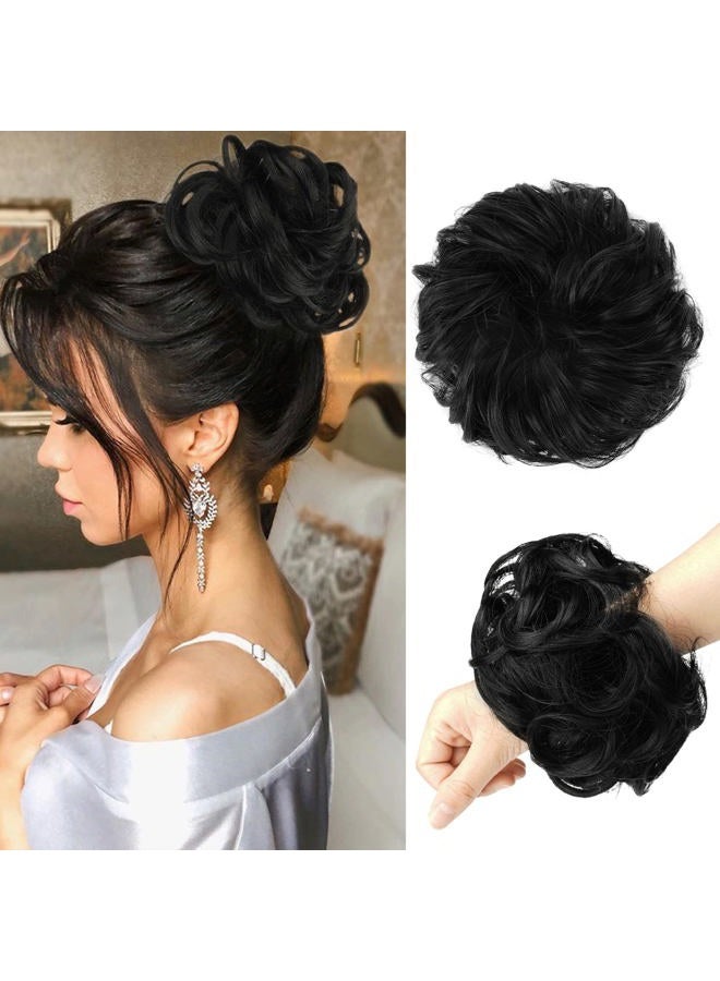 FESHFEN قطعة شعر كعكة فوضوية - كعكة شعر كبيرة مموجة ومجعدة مع رباط مطاطي، إكسسوارات ذيل حصان صناعية للنساء، أسود داكن 1.94 أونصة - Image 1