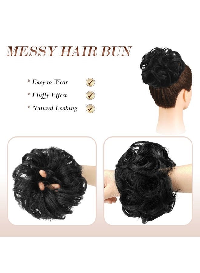 FESHFEN قطعة شعر كعكة فوضوية - كعكة شعر كبيرة مموجة ومجعدة مع رباط مطاطي، إكسسوارات ذيل حصان صناعية للنساء، أسود داكن 1.94 أونصة - Image 3