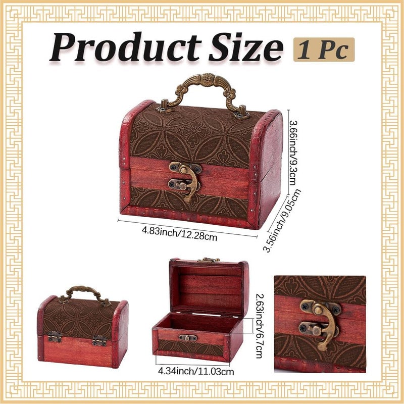 CALFOVERA Small Vintage Wooden Treasure Chest Retro Pirate Treasure Keepsake Box Mini European Decorative PU Leather Jewelry Stroage Cases with Handle for Jewelry Pearl Trinkets Birthday Gifts - Image 3