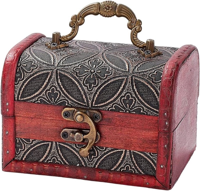 CALFOVERA Small Vintage Wooden Treasure Chest Retro Pirate Treasure Keepsake Box Mini European Decorative PU Leather Jewelry Stroage Cases with Handle for Jewelry Pearl Trinkets Birthday Gifts - Image 1