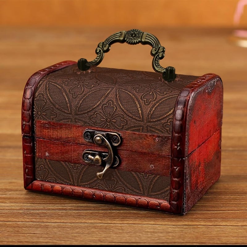 CALFOVERA Small Vintage Wooden Treasure Chest Retro Pirate Treasure Keepsake Box Mini European Decorative PU Leather Jewelry Stroage Cases with Handle for Jewelry Pearl Trinkets Birthday Gifts - Image 4