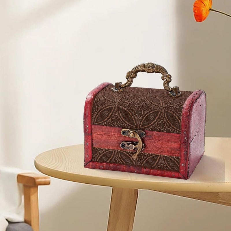 CALFOVERA Small Vintage Wooden Treasure Chest Retro Pirate Treasure Keepsake Box Mini European Decorative PU Leather Jewelry Stroage Cases with Handle for Jewelry Pearl Trinkets Birthday Gifts - Image 5