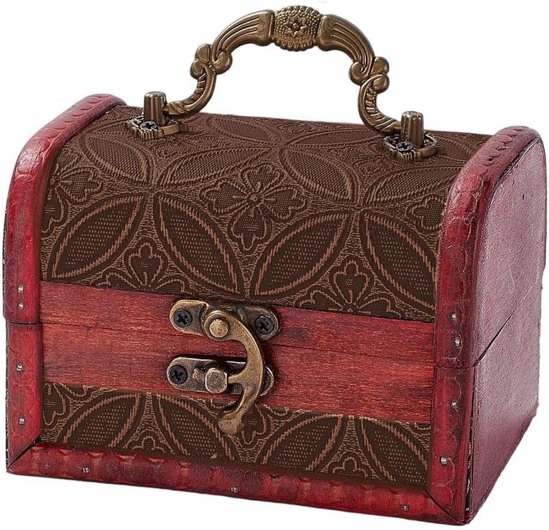 CALFOVERA Small Vintage Wooden Treasure Chest Retro Pirate Treasure Keepsake Box Mini European Decorative PU Leather Jewelry Stroage Cases with Handle for Jewelry Pearl Trinkets Birthday Gifts - Image 2