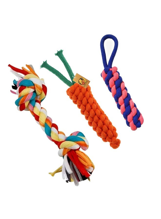 مجموعة ألعاب مضغ من حبل قطني متين مكونة من 3 قطع (عقدتين + جزر + عيدان ذرة) | مضغ ولعب وتسنين وتدريب للكلاب والجراء (قد يختلف اللون) - Image 1