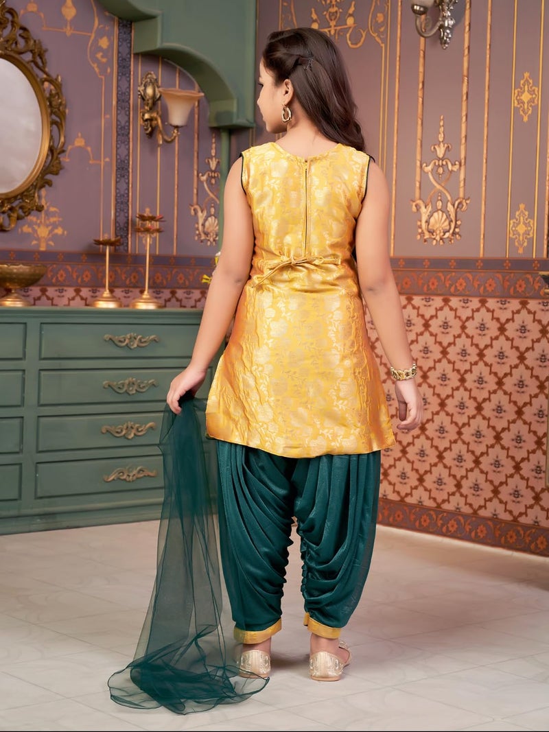 aarikka Aarika Girls Ethnic Wear Yellow-Green Colour Mirror Embroidery Brocade Kurti Patiala Set With Dupatta-5-13 Years (PT-18138) - Image 4