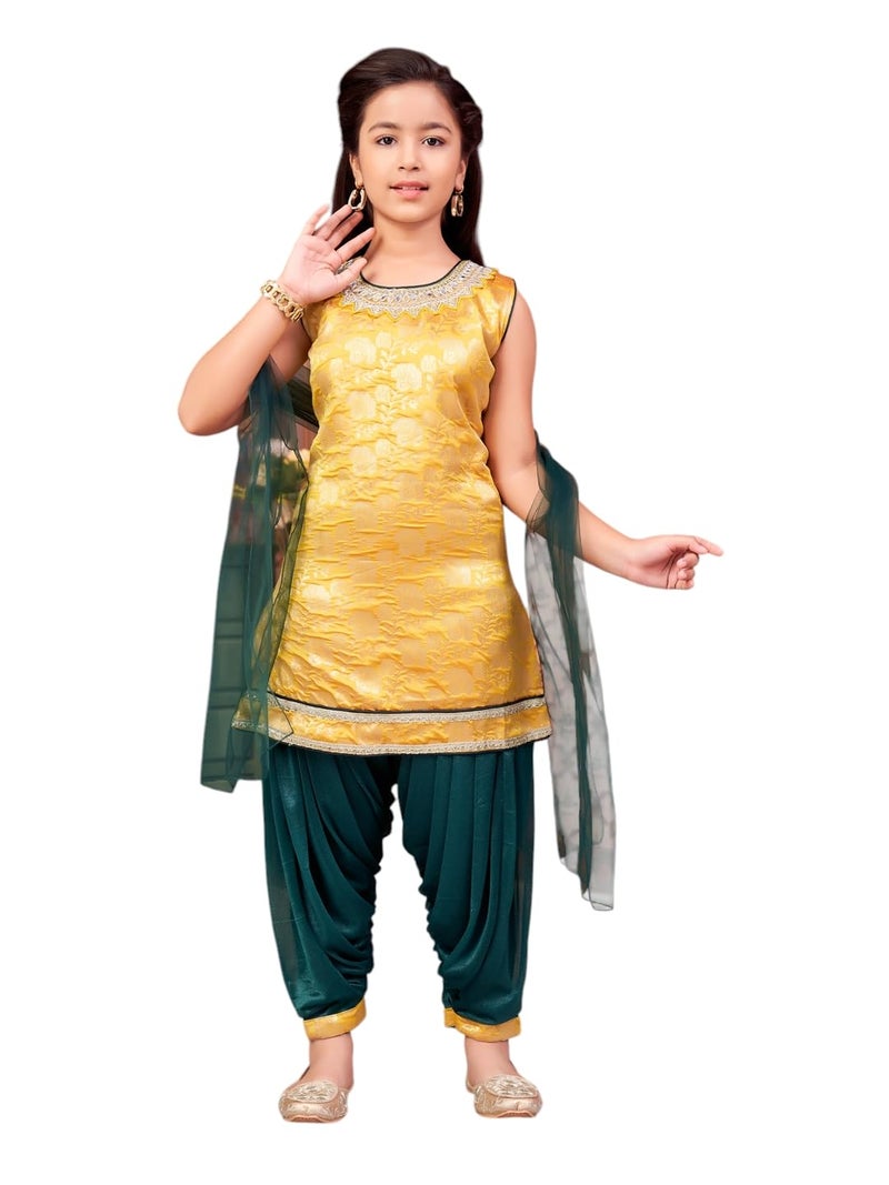 aarikka Aarika Girls Ethnic Wear Yellow-Green Colour Mirror Embroidery Brocade Kurti Patiala Set With Dupatta-5-13 Years (PT-18138) - Image 1