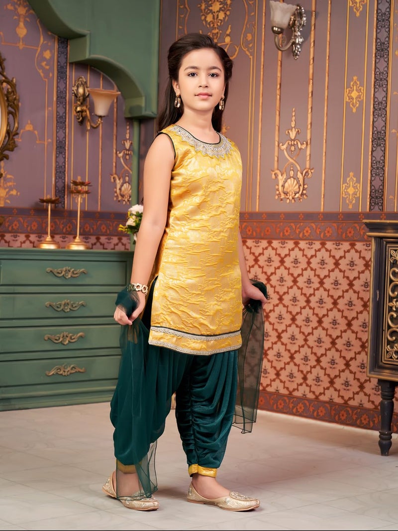 aarikka Aarika Girls Ethnic Wear Yellow-Green Colour Mirror Embroidery Brocade Kurti Patiala Set With Dupatta-5-13 Years (PT-18138) - Image 2