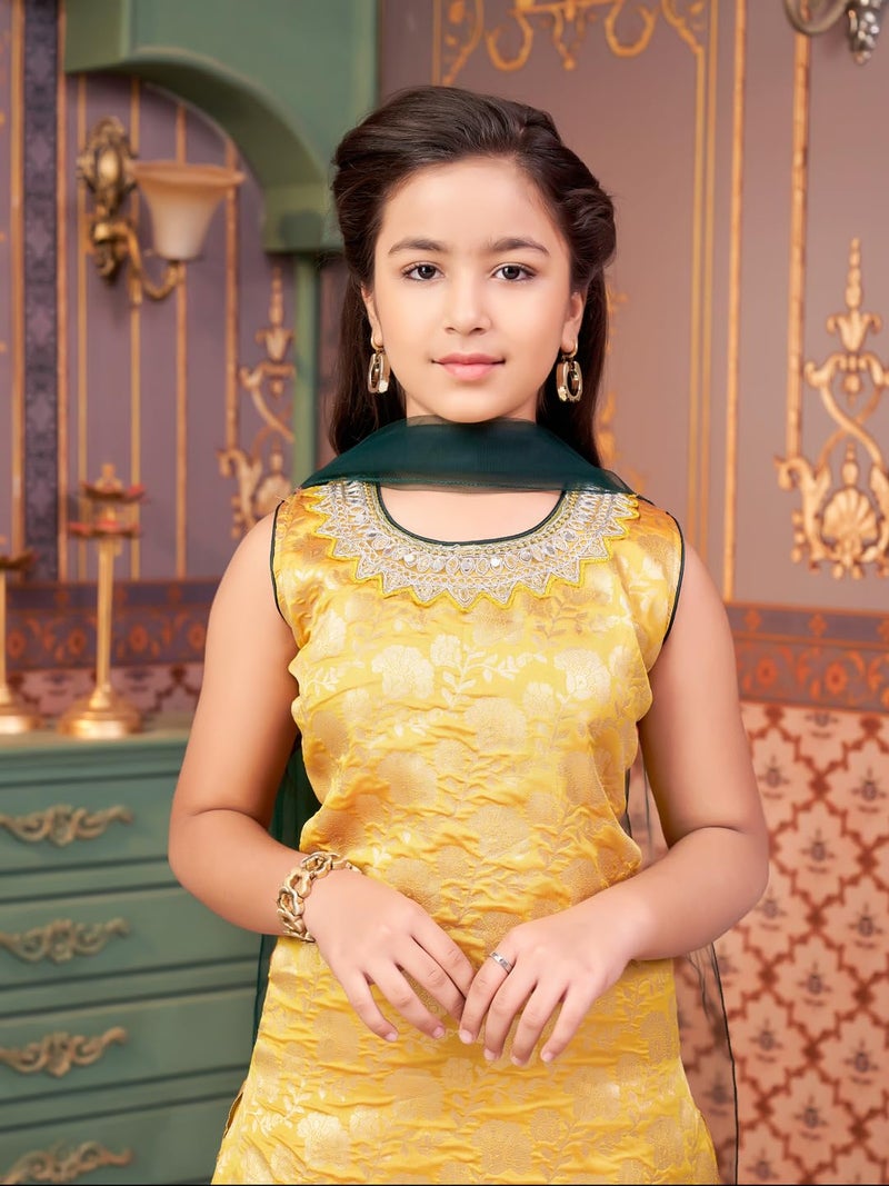 aarikka Aarika Girls Ethnic Wear Yellow-Green Colour Mirror Embroidery Brocade Kurti Patiala Set With Dupatta-5-13 Years (PT-18138) - Image 5