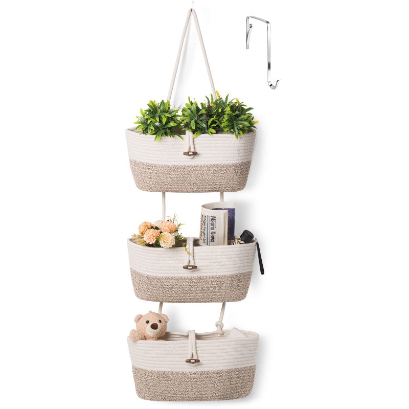Oradrem Oradrem Over the Door Basket Cotton Rope Organizer 3Tier Wall Hanging Storage Basket Closet Organizing Decorative Baskets for Organizing Living Room145x7 Apricot 