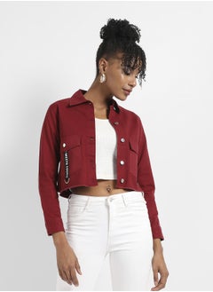 Campus Sutra Women's Maroon Cropped Jacket With Flap Pocket  - Image 2