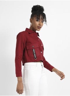 Campus Sutra Women's Maroon Cropped Jacket With Flap Pocket  - Image 3