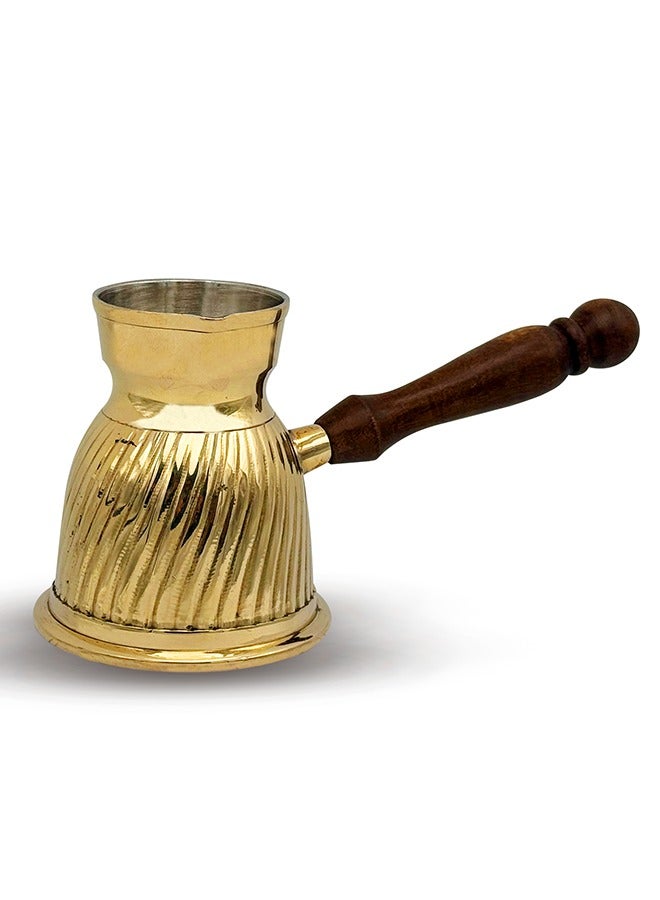 Majestic Brass Turkish Coffee Pot – Capacity: 400 ml (Large Size), Spiral Design, Golden Color – Handcrafted with Wooden Handle, Perfect for Turkish Coffee, Arabic Coffee, Tea, Milk, and Hot Beverages - Image 1