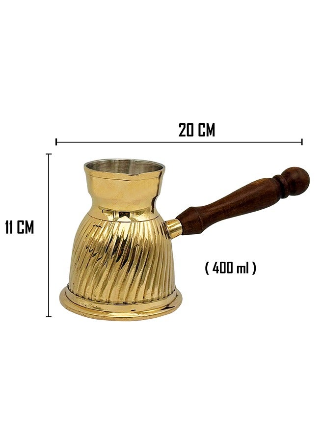 Majestic Brass Turkish Coffee Pot – Capacity: 400 ml (Large Size), Spiral Design, Golden Color – Handcrafted with Wooden Handle, Perfect for Turkish Coffee, Arabic Coffee, Tea, Milk, and Hot Beverages - Image 5