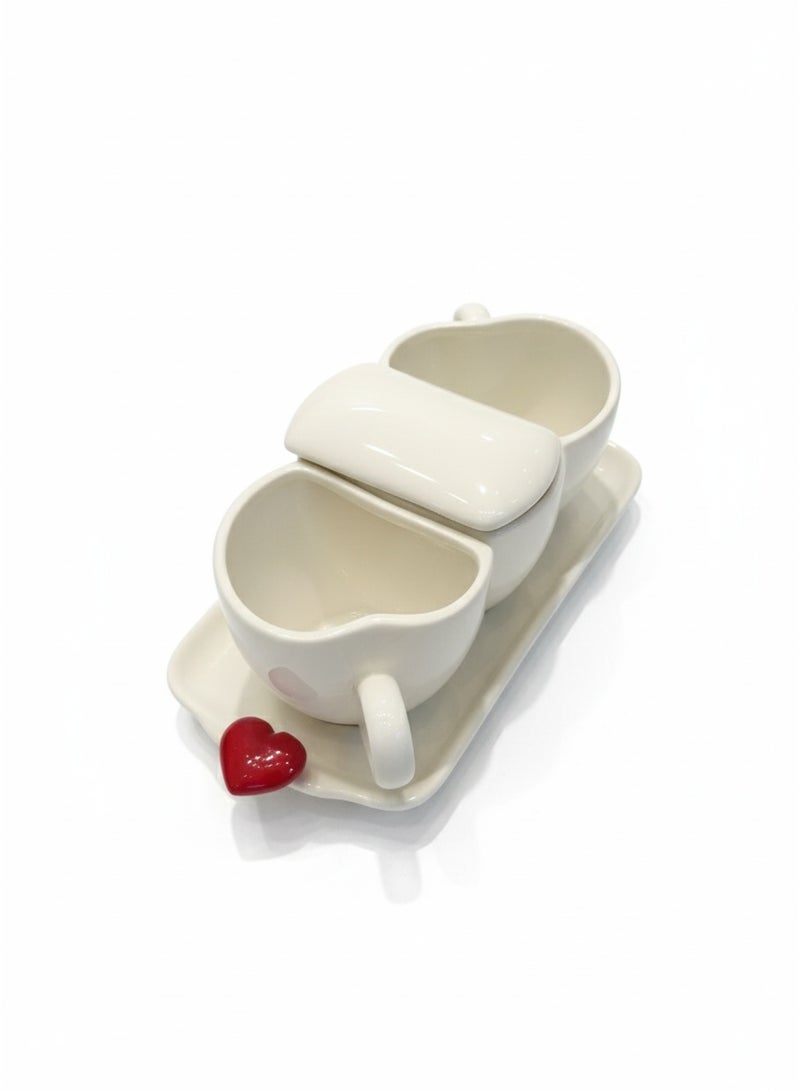 Love Set of 2 coffee cups and sugar jar with tray porcelain with red hearts valentine - Image 1
