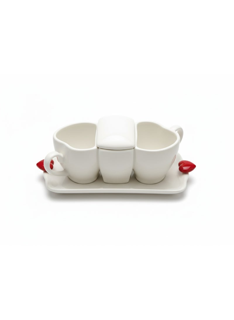 Love Set of 2 coffee cups and sugar jar with tray porcelain with red hearts valentine - Image 2