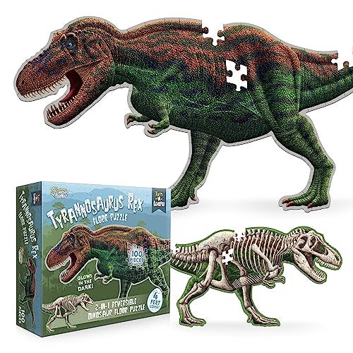 Genius Games Tyrannosaurus Rex Dinosaur Jigsaw Puzzle 100Piece Double Sided Floor Puzzle with GlowinTheDark Skeleton On Other Side 4 FT Scientifically Accurate Dino Illustration Educational Toy for Kids - Image 1