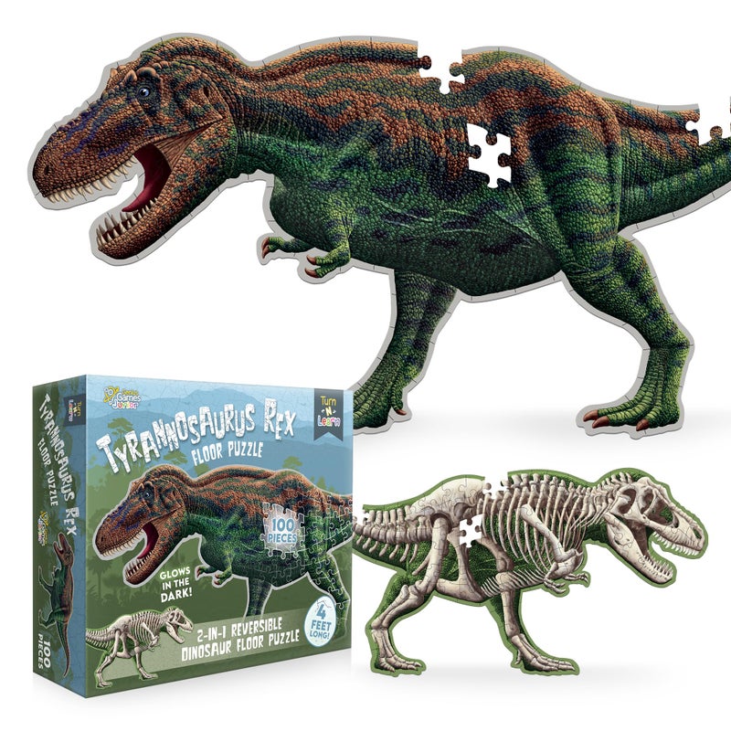 Genius Games Tyrannosaurus Rex Dinosaur Jigsaw Puzzle 100Piece Double Sided Floor Puzzle with GlowinTheDark Skeleton On Other Side 4 FT Scientifically Accurate Dino Illustration Educational Toy for Kids - Image 3
