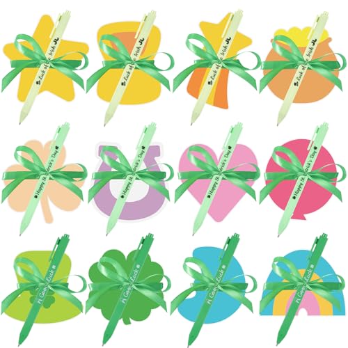 FOGWOWO 72 Pcs St Patricks Day Gifts Sticky Notes and Pens with Ribbon,St.Patricks Day Gifts for Classroom,Lucky Charm Notepads Self-Stick Memo Pads Irish St Patricks Gift for Coworkers Office Party Favors - Image 1