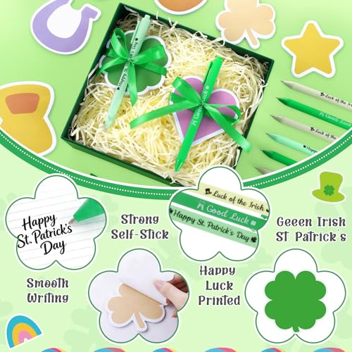 FOGWOWO 72 Pcs St Patricks Day Gifts Sticky Notes and Pens with Ribbon,St.Patricks Day Gifts for Classroom,Lucky Charm Notepads Self-Stick Memo Pads Irish St Patricks Gift for Coworkers Office Party Favors - Image 3
