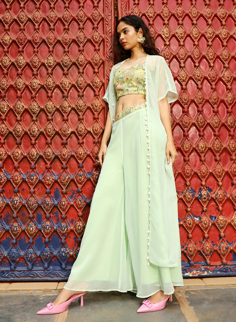 Qissa  Women's Powder White Applique Flora Co-Ord Set For Casual Wear | V-Neck | Cuffed Sleeves | 3 Piece Co-Ords Designed With Comfort Fit For Everyday Ethnic Wear for Women | Best Price UAE