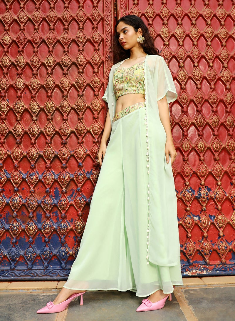 QISSA Women's Powder White Applique Flora Co-Ord Set For Casual Wear | V-Neck | Cuffed Sleeves | 3 Piece Co-Ords Designed With Comfort Fit For Everyday Ethnic Wear - Image 3