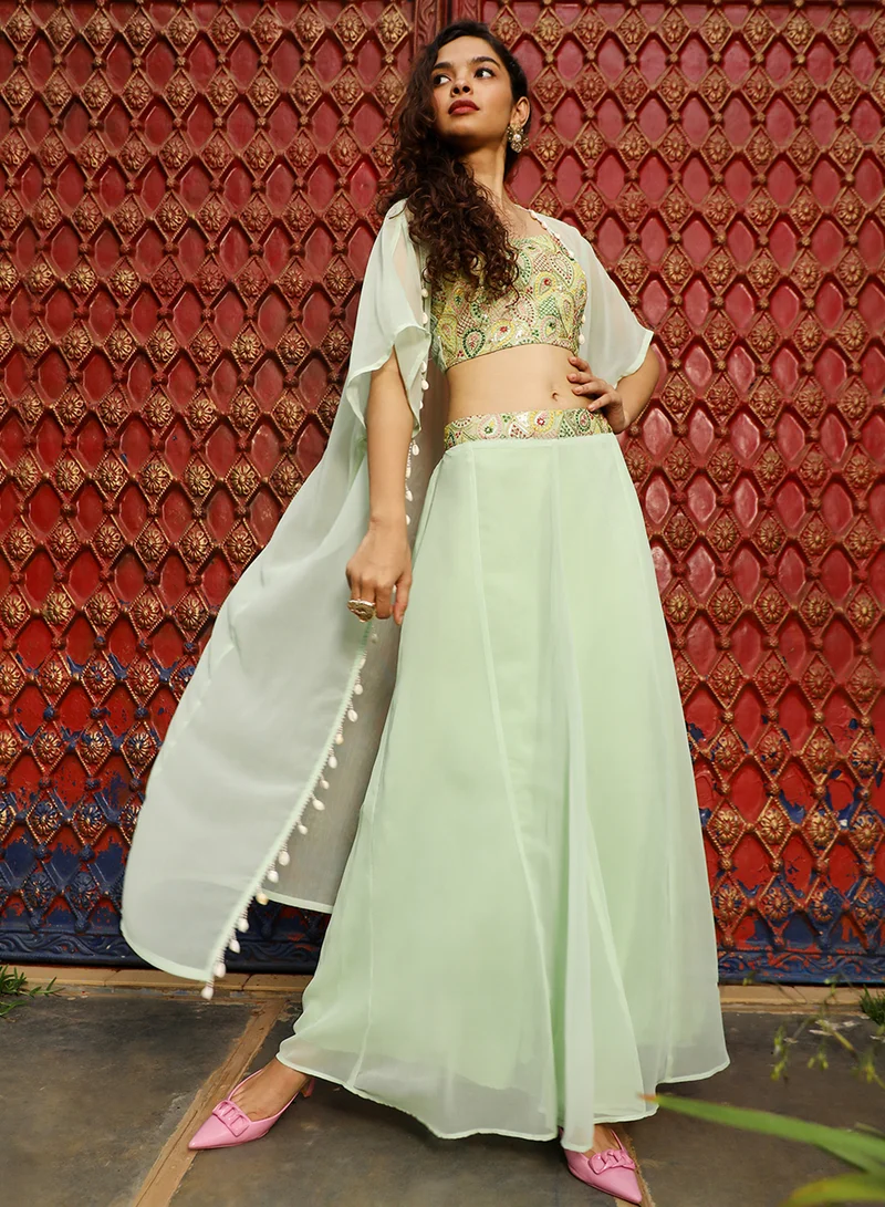 QISSA Women's Powder White Applique Flora Co-Ord Set For Casual Wear | V-Neck | Cuffed Sleeves | 3 Piece Co-Ords Designed With Comfort Fit For Everyday Ethnic Wear