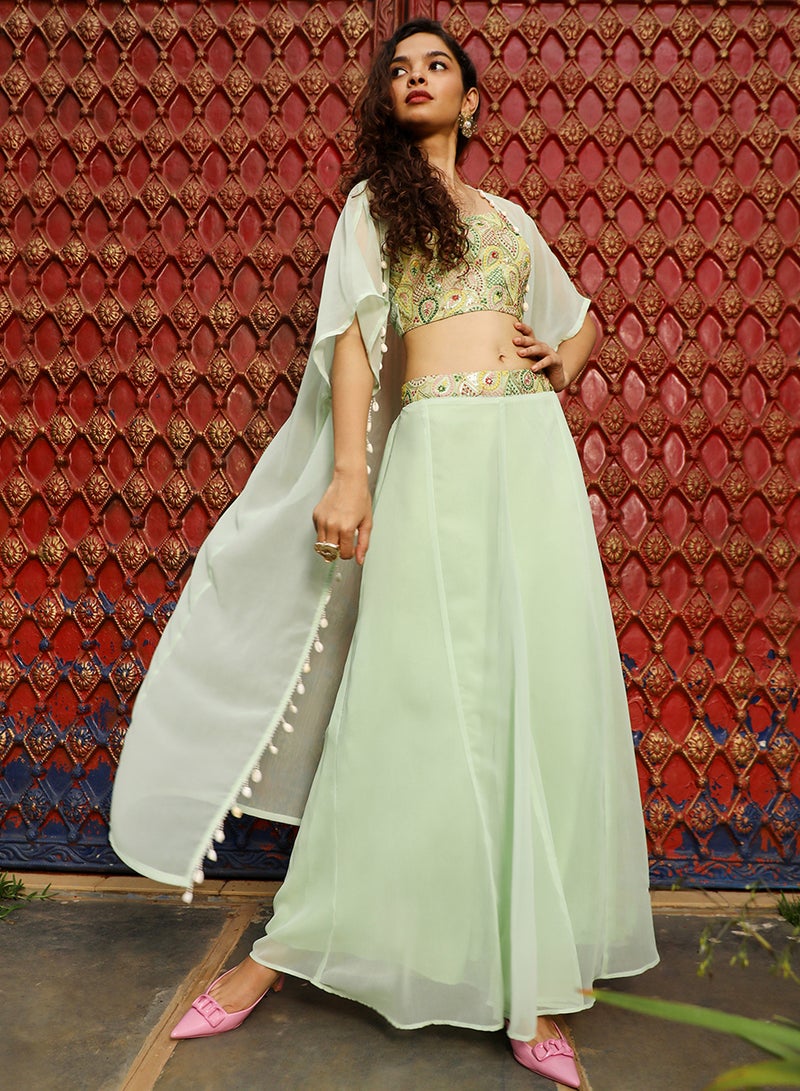 QISSA Women's Powder White Applique Flora Co-Ord Set For Casual Wear | V-Neck | Cuffed Sleeves | 3 Piece Co-Ords Designed With Comfort Fit For Everyday Ethnic Wear - Image 1