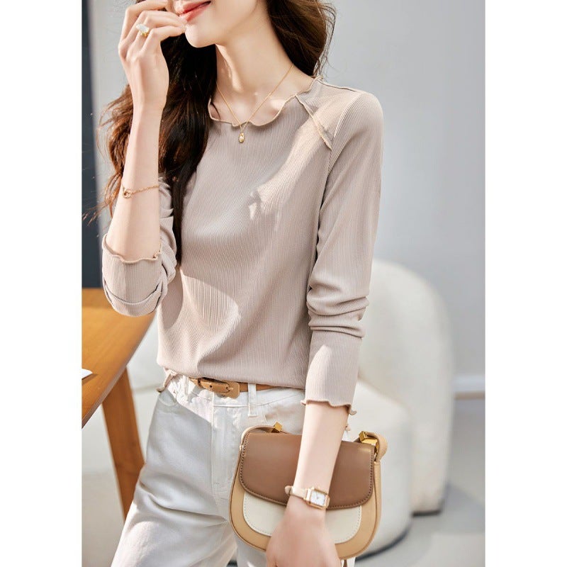 Womens long-sleeved knitted T-shirt Autumn New Korean style fashionable simple slim-fit slimming elegant age-reducing versatile bottoming shirt L（100-110） - Image 2