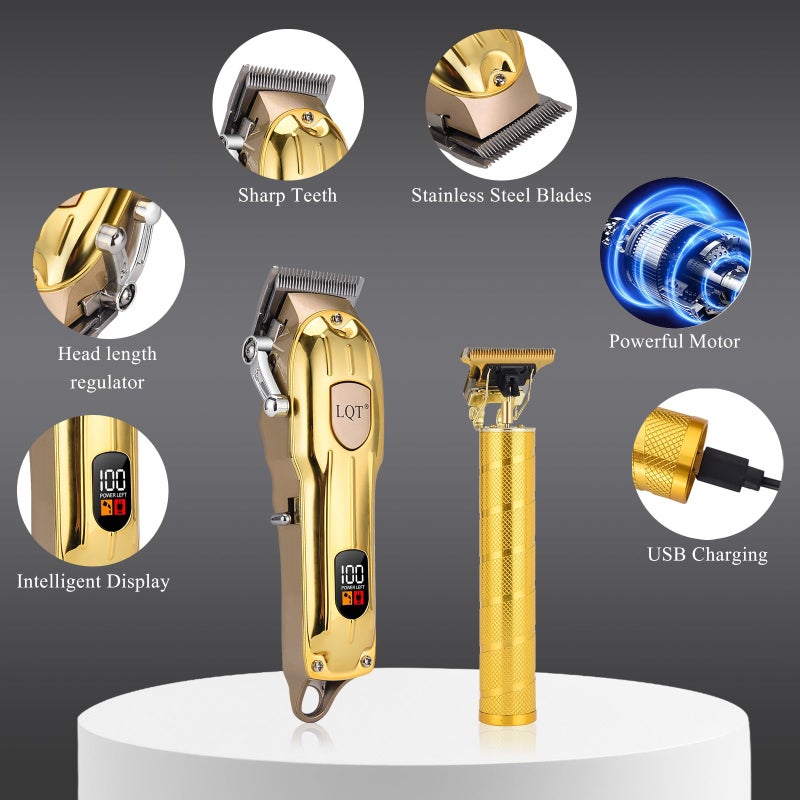 LQT Professional Hair Clipper Set, Gold, LED Display, with Trimmer, 8 Guide Combs, Barber Shaver Set, with Travel Case and Haircut Cape (Gold) - Image 2