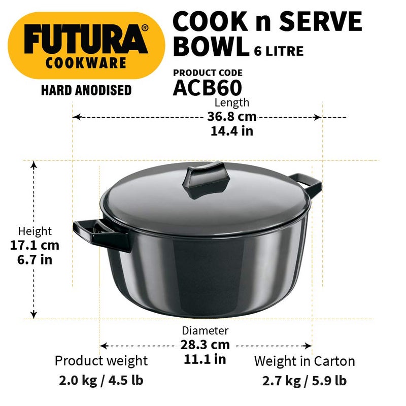Hawkins Futura 6 Litre Cook n Serve Bowl, Hard Anodised Saucepan with Hard Anodised Lid, Sauce Pan for Cooking and Serving, Black (ACB60) (Aluminium) - Image 3