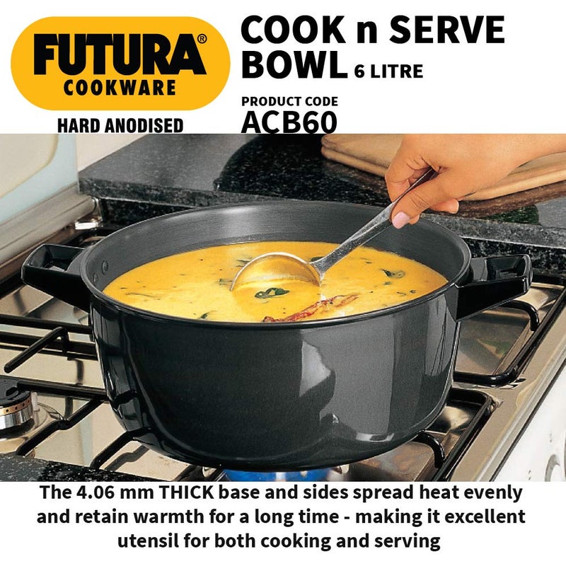 Hawkins Futura 6 Litre Cook n Serve Bowl, Hard Anodised Saucepan with Hard Anodised Lid, Sauce Pan for Cooking and Serving, Black (ACB60) (Aluminium) - Image 4