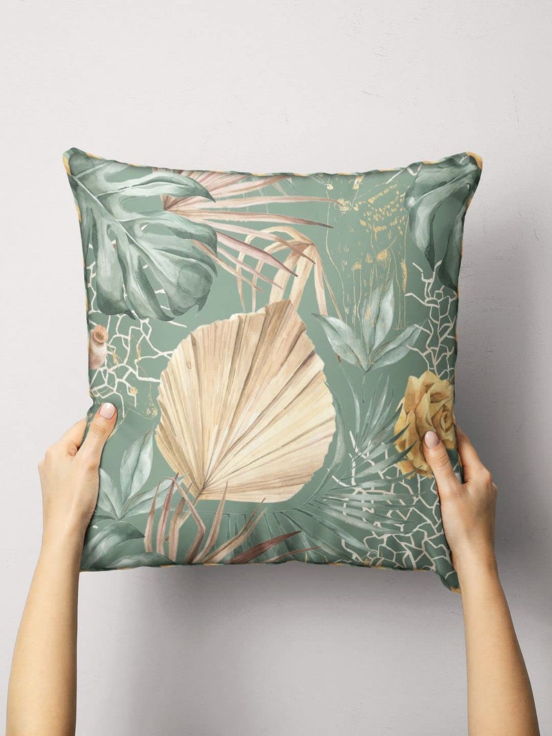 BIANCA Designer Reversible Printed Silk Linen Cushion Covers -1pc 16 X16 Size (Suzane) | with Contrast Front & Back Digital Print | - Hidden Zipper Floral-Stripe-sage/Beige - Image 1