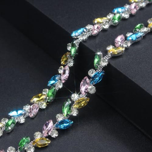 PEARLY JUN 1 Yard Rhinestone Trim Chain Light Color String Strips Crystal Applique Fringe Ribbon Beads Sewing for Dress DIY Party Wedding Bouquet Decoration Bridal Costume Embellishment - Image 1