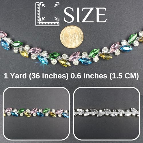 PEARLY JUN 1 Yard Rhinestone Trim Chain Light Color String Strips Crystal Applique Fringe Ribbon Beads Sewing for Dress DIY Party Wedding Bouquet Decoration Bridal Costume Embellishment - Image 2