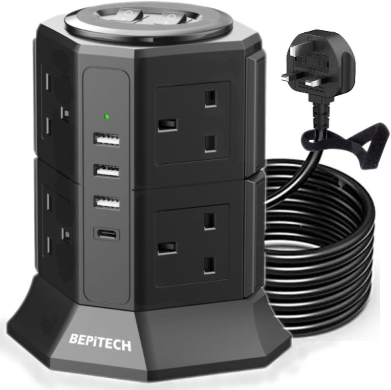 سلك تمديد برج الطاقة 12 في 1 مع منفذ PD USB-C بقدرة 20 واط و3 منافذ USB-A للشحن، و8 مقابس كهربائية من نوع UK-KSA، وكابل بطول 2 متر، وحماية من زيادة التيار، يناسب المقابس الكبيرة، مثالي للمكتب والمنزل - Image 1