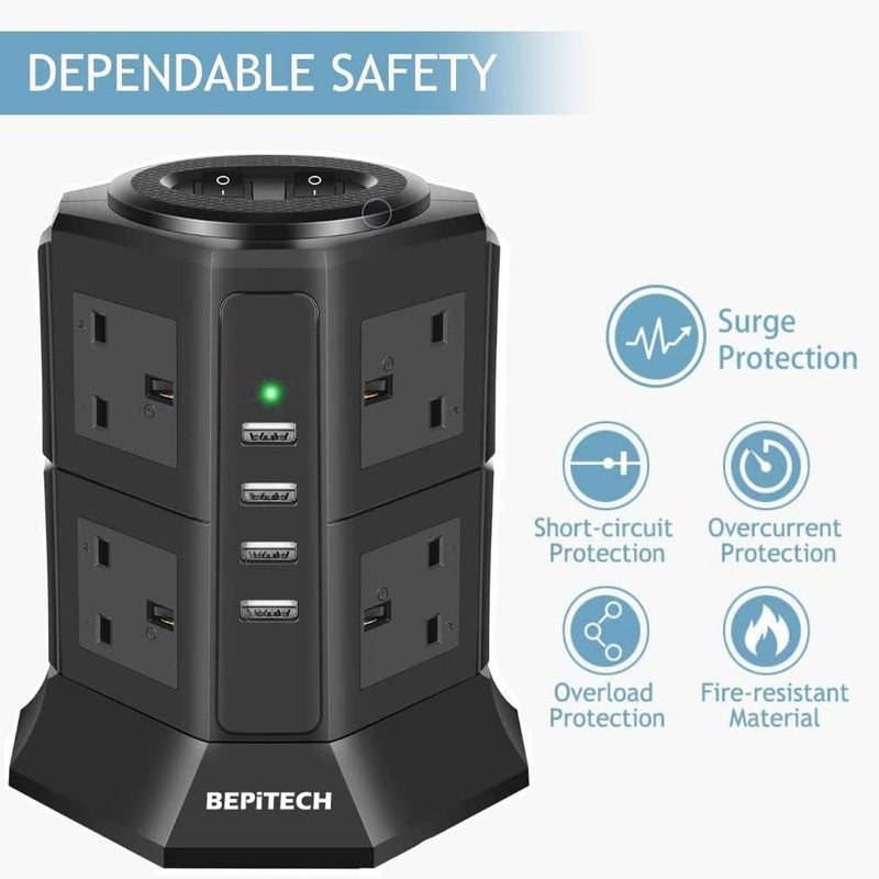 سلك تمديد برج الطاقة 12 في 1 مع منفذ PD USB-C بقدرة 20 واط و3 منافذ USB-A للشحن، و8 مقابس كهربائية من نوع UK-KSA، وكابل بطول 2 متر، وحماية من زيادة التيار، يناسب المقابس الكبيرة، مثالي للمكتب والمنزل - Image 5