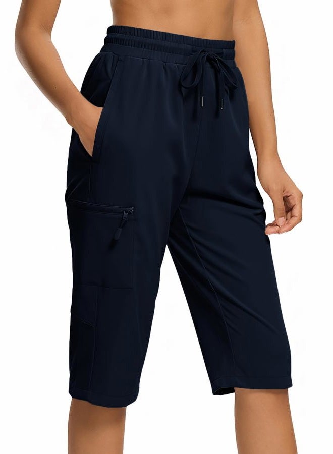DEVOROPA Women's Hiking Long Shorts Knee Length Lightweight Quick Dry Cargo Athletic Bermuda Beach Shorts with Zipper Pockets, Navy, L - Image 1