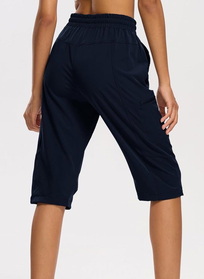 DEVOROPA Women's Hiking Long Shorts Knee Length Lightweight Quick Dry Cargo Athletic Bermuda Beach Shorts with Zipper Pockets, Navy, L - Image 2