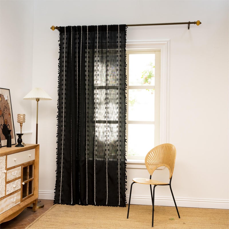 Sutuo Home Black Boho Curtains 84 inches Long for Bedroom Nursery, Light Filtering Farmhouse Easter Hollow Chic Tassels Window Treatment Bohemian Embroidery Drape Rod Pocket 1 Panel 52" W x 84" L - Image 2