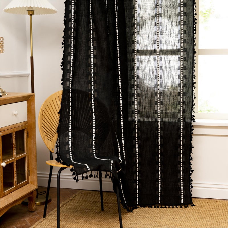 Sutuo Home Black Boho Curtains 84 inches Long for Bedroom Nursery, Light Filtering Farmhouse Easter Hollow Chic Tassels Window Treatment Bohemian Embroidery Drape Rod Pocket 1 Panel 52" W x 84" L - Image 5