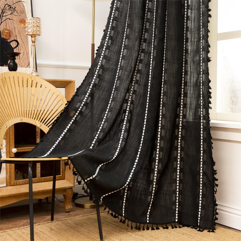 Sutuo Home Black Boho Curtains 84 inches Long for Bedroom Nursery, Light Filtering Farmhouse Easter Hollow Chic Tassels Window Treatment Bohemian Embroidery Drape Rod Pocket 1 Panel 52" W x 84" L - Image 1