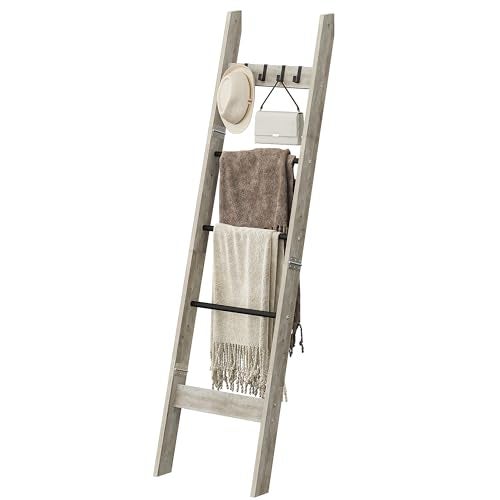 Hzuaneri Blanket Ladder for Living Room Decorative Quilt Rack with 4 Removable Hooks 5Tier Farmhouse Ladder Holder Shelf Organizer for Bedroom Greige and Black BR02105B