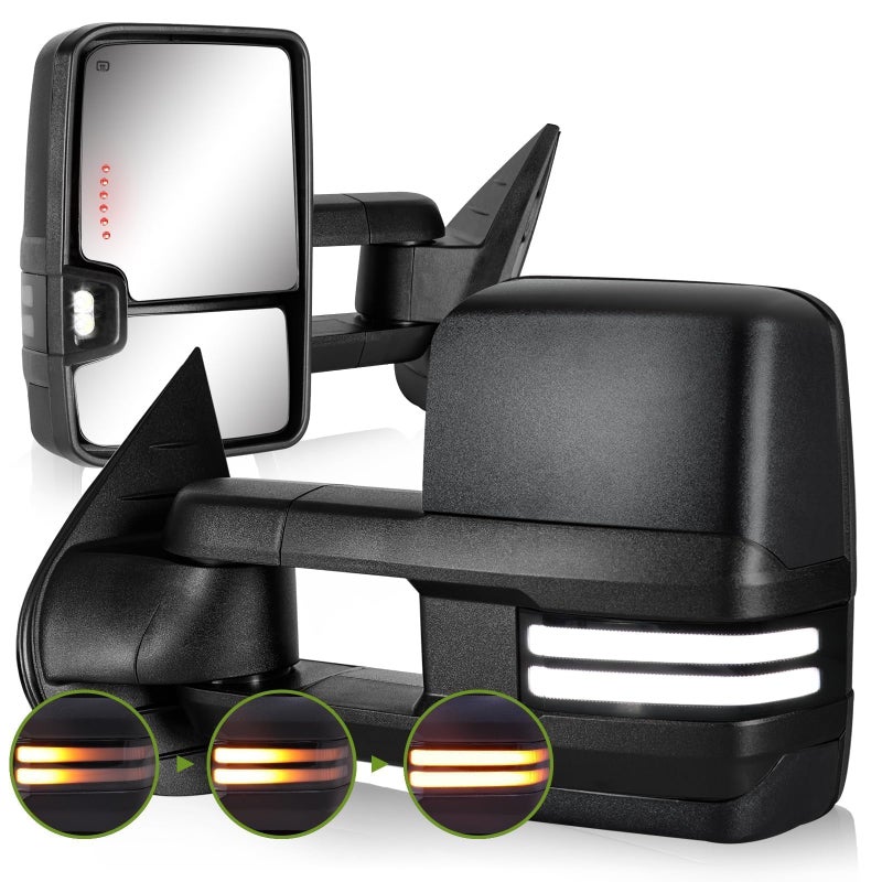 SIZIOM Switchback Towing Mirrors for 20072013 Chevy Silverado Avalanche Suburban TahoeGMC Sierra Yukon Side Mirrors with Power Heated Dynamic Signal Running Light Pair SetTextured Black