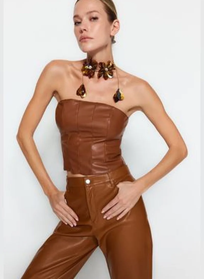 trendyol Brown Crop Faux Leather Bustier TPRAW24BS00021