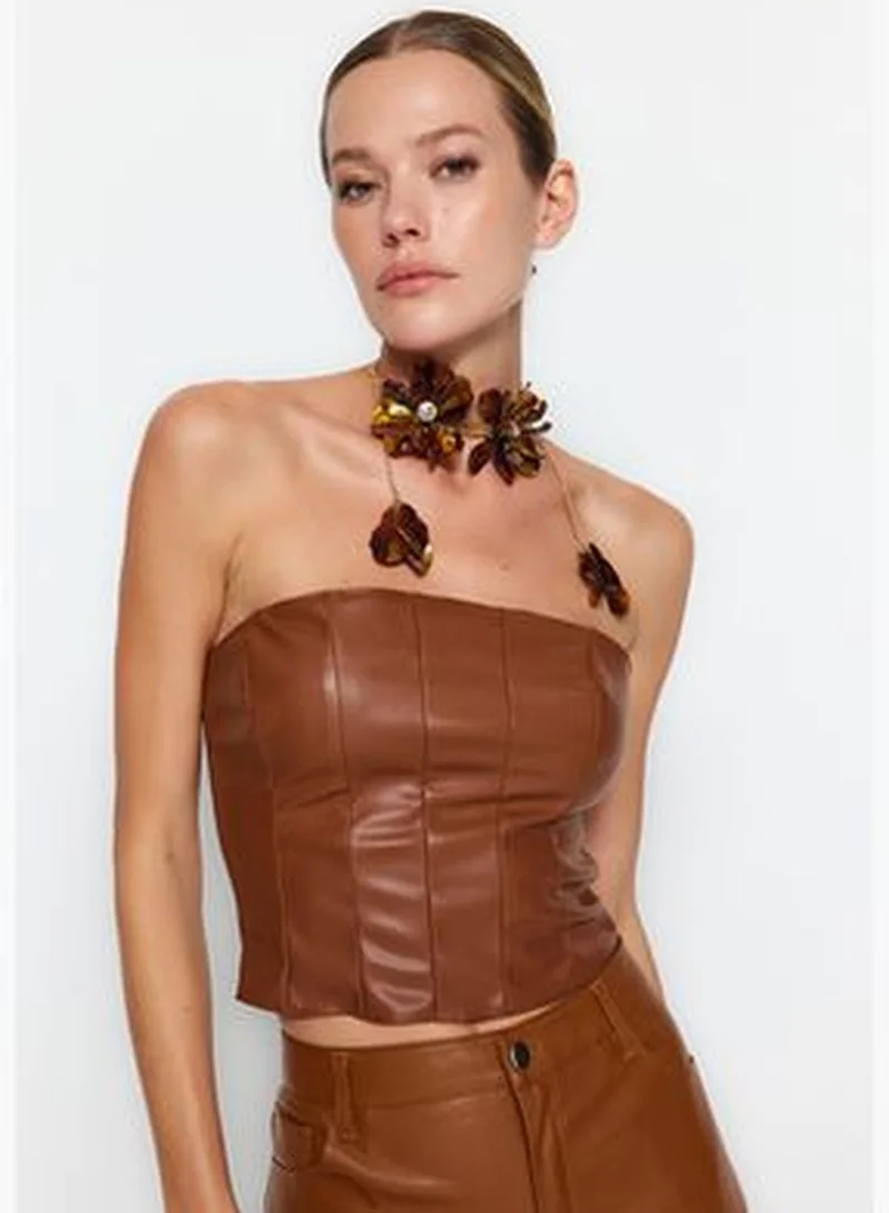 trendyol Brown Crop Faux Leather Bustier TPRAW24BS00021