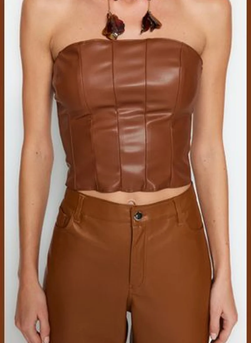 trendyol Brown Crop Faux Leather Bustier TPRAW24BS00021