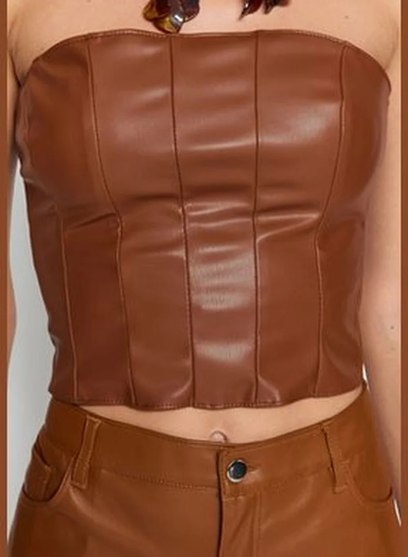 trendyol Brown Crop Faux Leather Bustier TPRAW24BS00021